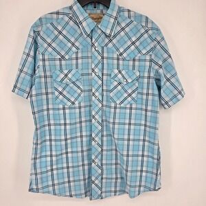 Wrangler Western Shirt Mens Plaid Short Sleeve Snap Button Blue Cowboy Large